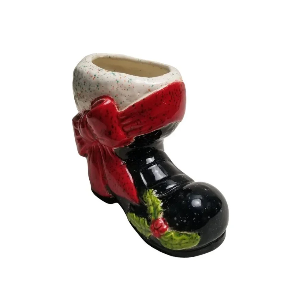 Ceramic Santa Claus Boot Black Christmas Vintage Holly Vase Planter Holiday Bow - Picture 3 of 14